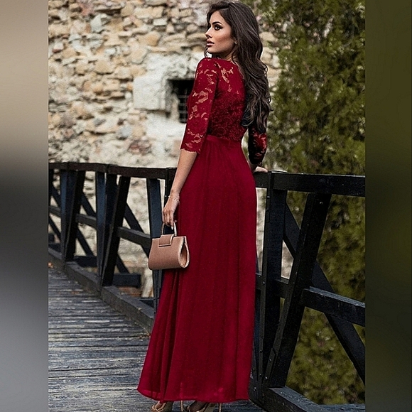 New Chic Lace Top Pleated Maxi Dress Gown Burgundy Red - Picture 6 of 12